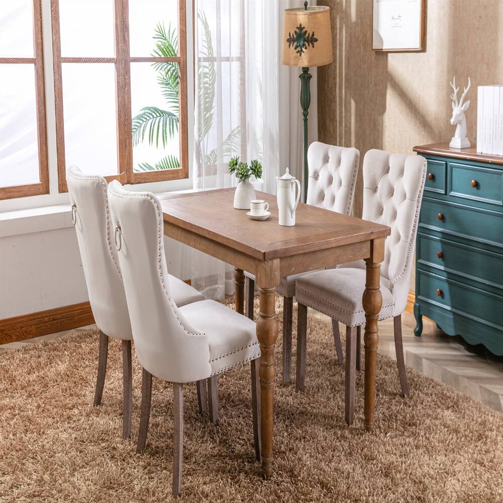Alt View 10. Loheer - Loheer Beige Velvet Dining Chairs Set of 2 Tufted High Back Upholstered Mid-Century Modern Solid Wood Legs Nailhead Trim - Beige.