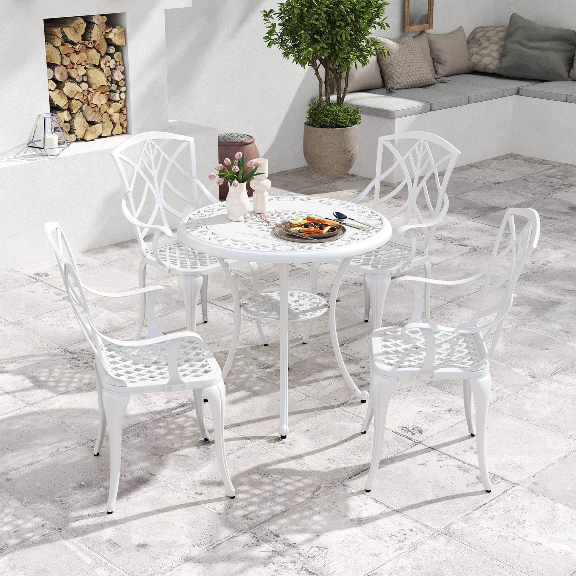 Alt View 3. Costway - Costway 5 PCS Patio Cast Aluminum Bistro Set Dining Table & Chair with Umbrella Hole - White.