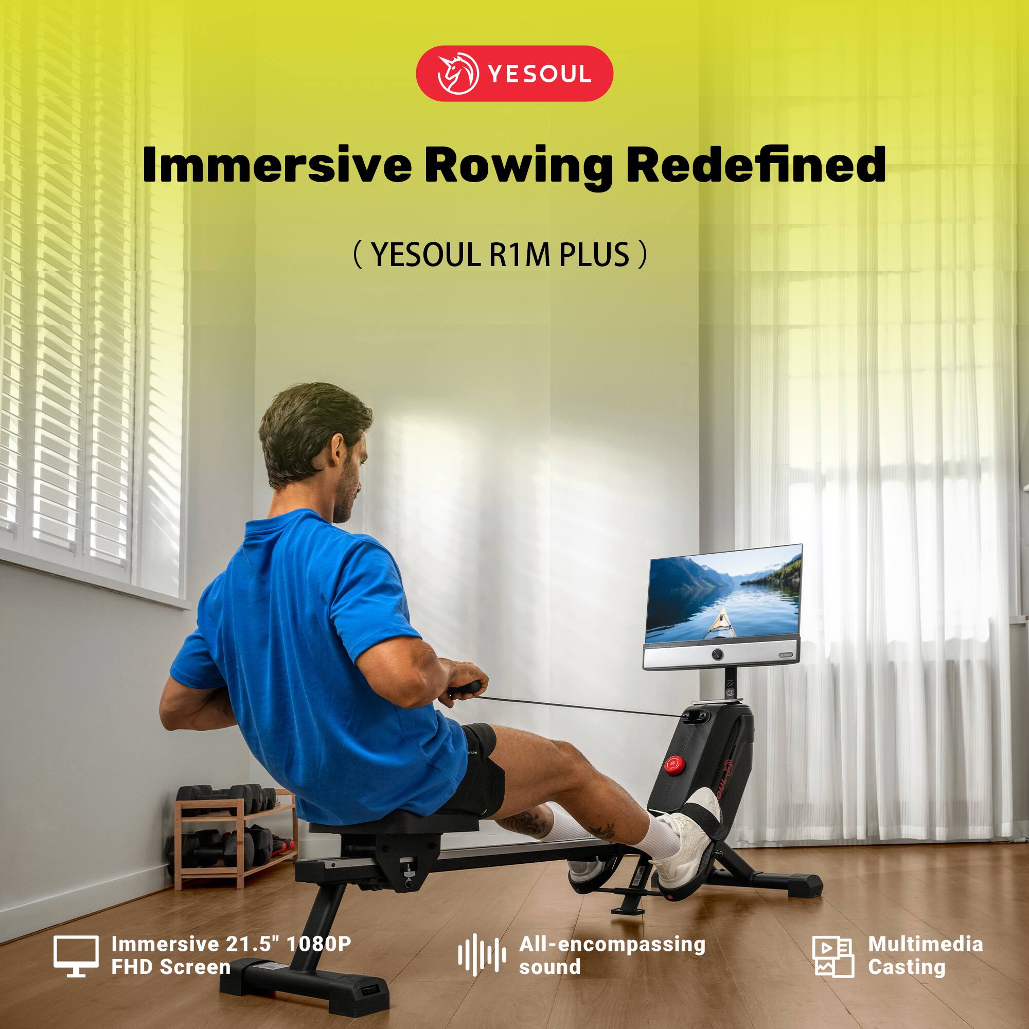 Immersive Rowing Redefined (YESOUL R1M PLUS) Immersive 21.5" 1080P FHD Screen All-encompassing sound D Multimedia 1 Casting