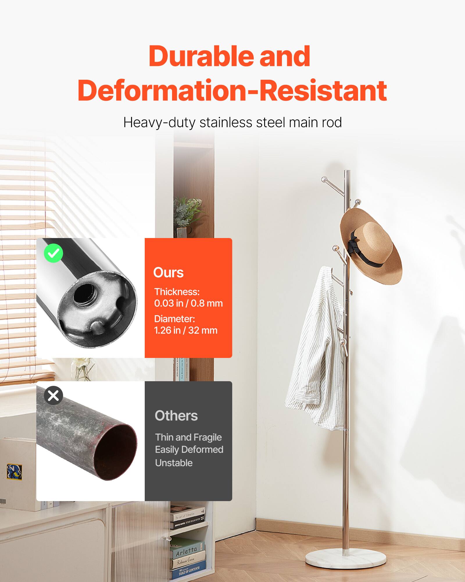 Durable and Deformation-Resistant  
Heavy-duty stainless steel main rod  

Ours  
Thickness: 0.03 in / 0.8 mm  
Diameter: 1.26 in / 32 mm  

Others  
Thin and Fragile  
Easily Deformed  
Unstable