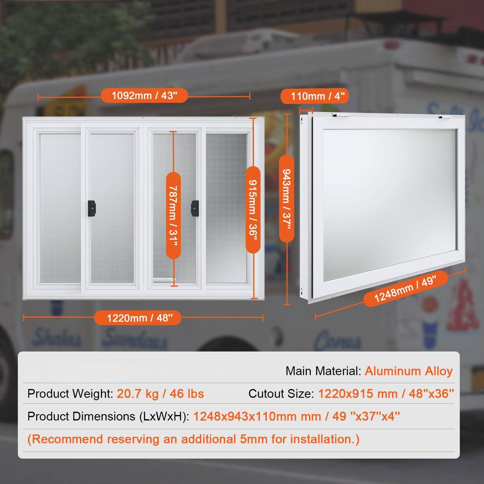 1092mm / 43"  
110mm / 4"  
787mm / 31"  
915mm / 36"  
943mm / 37"  
1220mm / 48"  
1248mm / 49"  

Main Material: Aluminum Alloy  

Product Weight: 20.7 kg / 46 lbs  

Cutout Size: 1220x915 mm / 48"x36"  

Product Dimensions (LxWxH): 1248x943x110mm / 49"x37"x4"  

(Recommend reserving an additional 5mm for installation.)