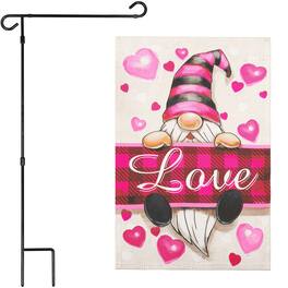 G128 - Combo Garden Flag Stand 36 x 16 in with 12 x 18 in Double-Sided Valentine's Gnome Flag - Pink