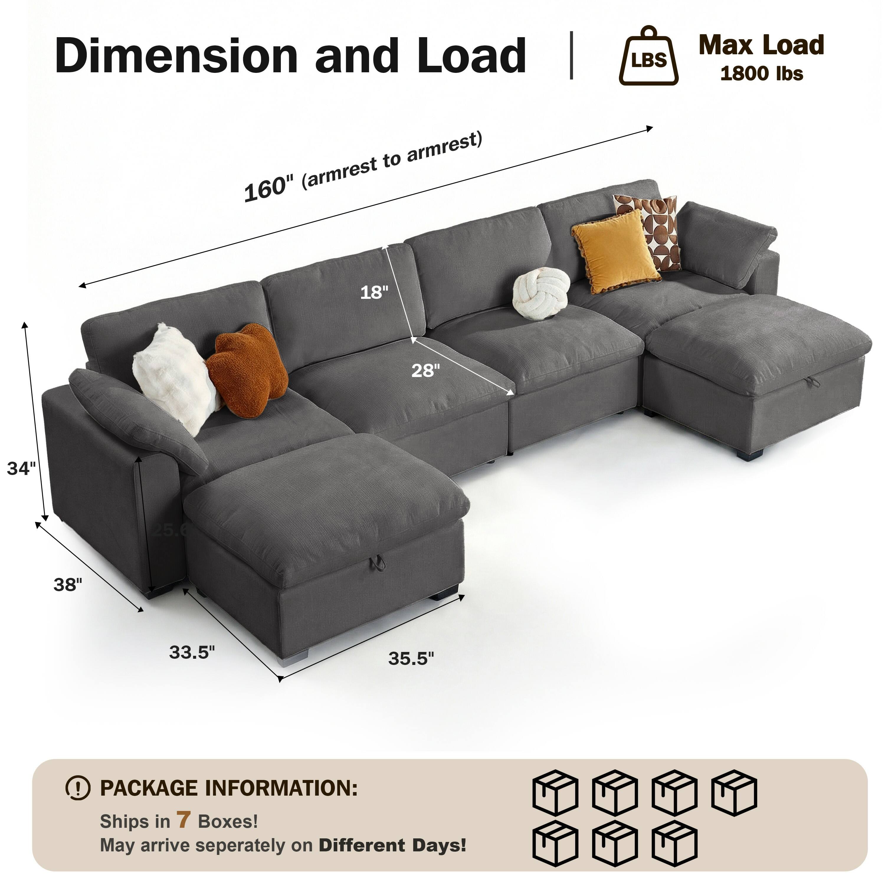 Dimension and Load | LBS  
Max Load 1800 lbs  
160" (armrest to armrest)  
18"  
28"  
34"  
38"  
25.6"  
33.5"  
35.5"  

PACKAGE INFORMATION:  
Ships in 7 Boxes!  
May arrive separately on Different Days!