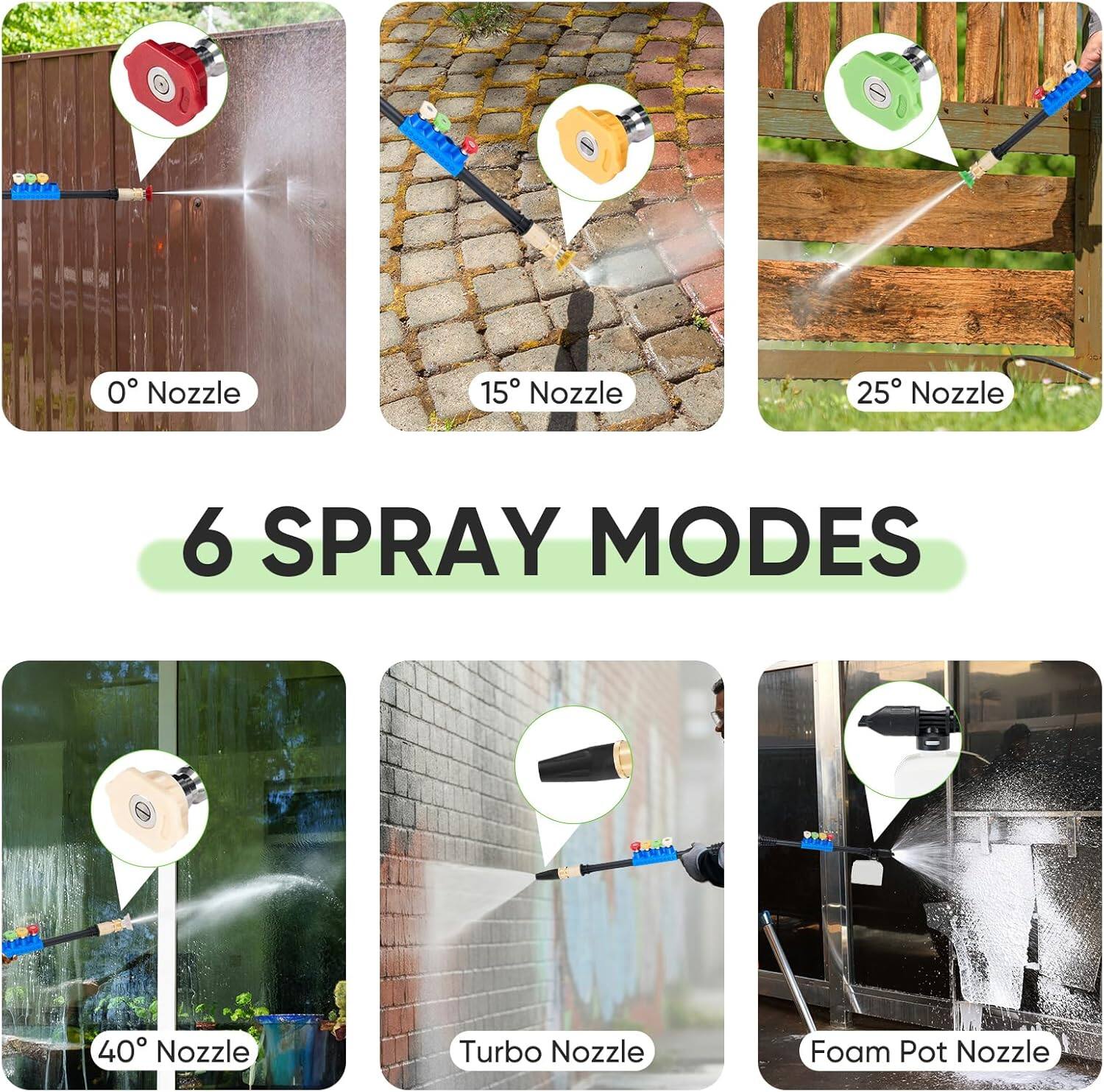 6 SPRAY MODES

- 0° Nozzle
- 15° Nozzle
- 25° Nozzle
- 40° Nozzle
- Turbo Nozzle
- Foam Pot Nozzle