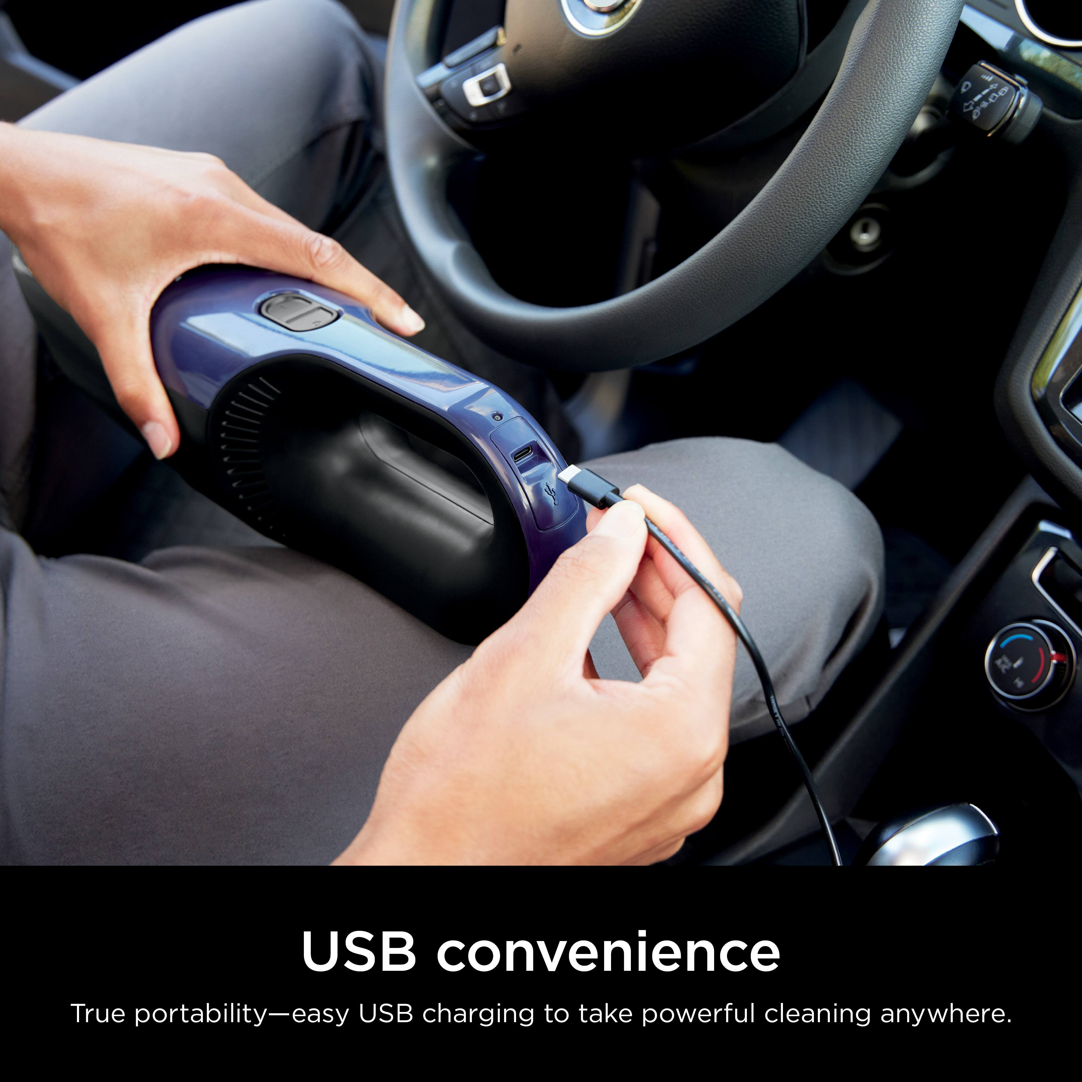 A USB convenience device offers true portability and easy USB charging to take powerful cleaning anywhere.
