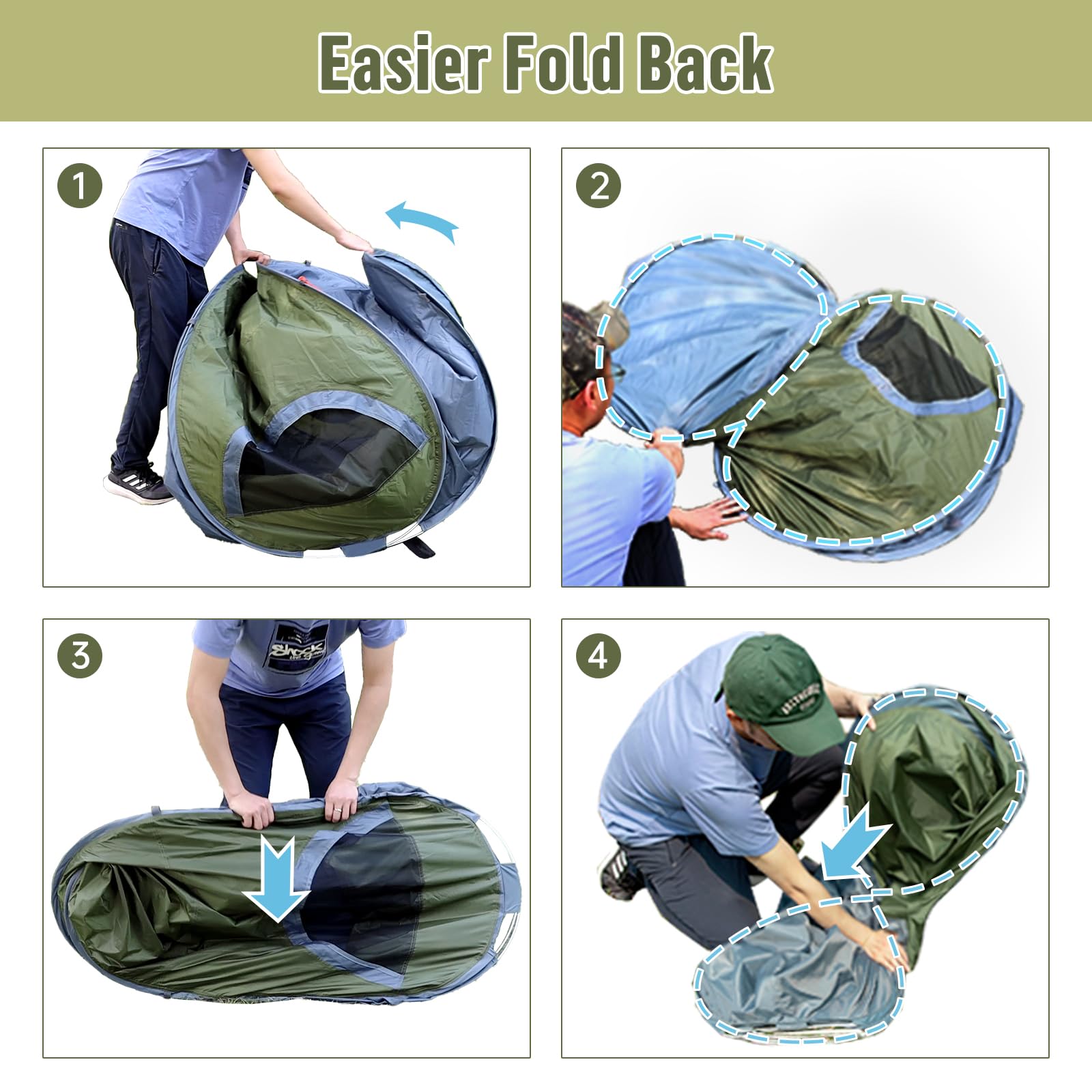 Easier Fold Back

1. [Image of a person holding the tent]
2. [Image of a person folding the tent]
3. [Image of a person folding the tent]
4. [Image of a person folding the tent]