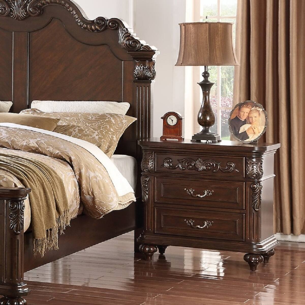 Angle. Loheer - Loheer Traditional Walnut Nightstand, Two Drawer Bedside Table, Antique Finish - Walnut Brown.