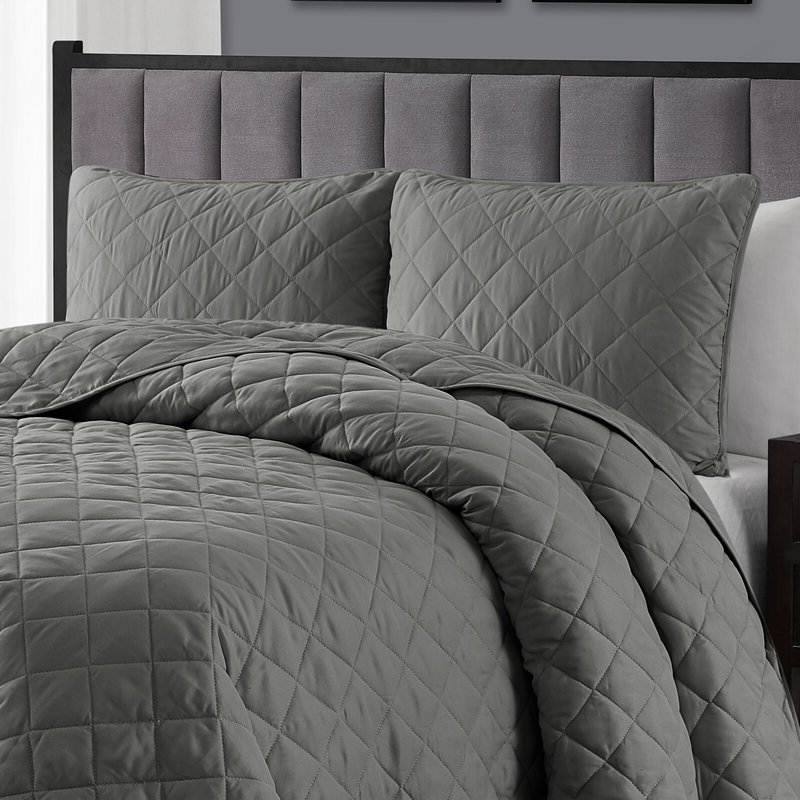 Left. Hivvago - Twin/Twin XL 2-Piece Dark Grey Polyester Microfiber Diamond Quilt Set - Dark Grey.