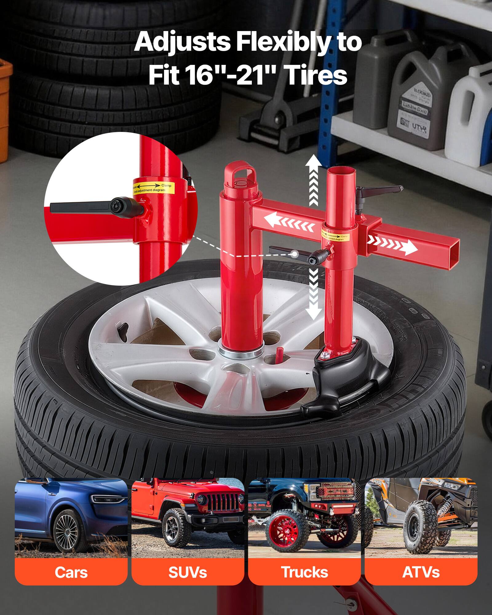 Adjusts Flexibly to Fit 16"-21" Tires

Cars SUVs Trucks ATVs