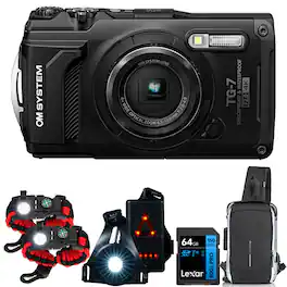 OM System - Tough TG-7 4K Underwater Camera Black with Safety Bundle + 64GB Card Bundle