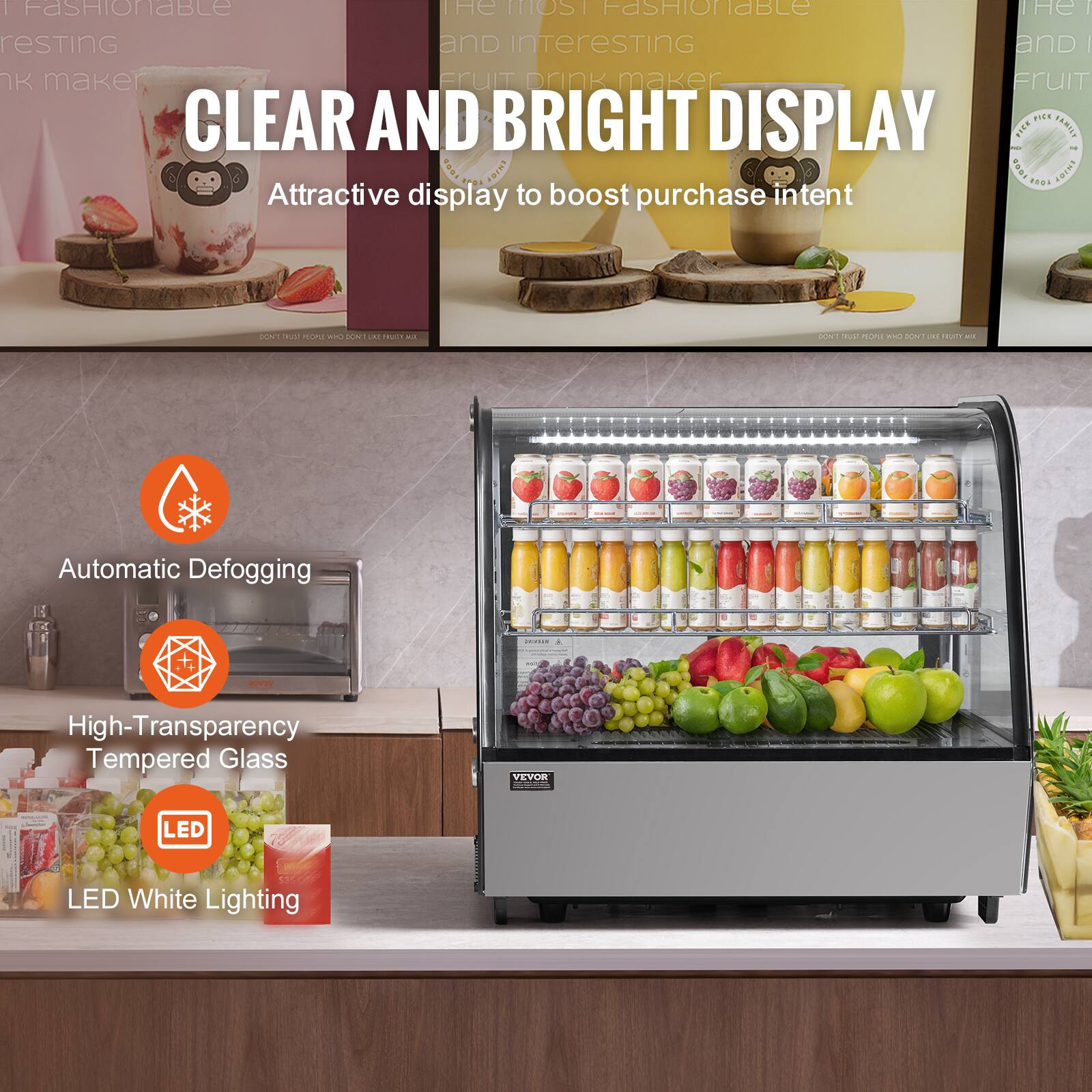 **CLEAR AND BRIGHT DISPLAY**

Attractive display to boost purchase intent

- Automatic Defogging
- High-Transparency Tempered Glass
- LED White Lighting