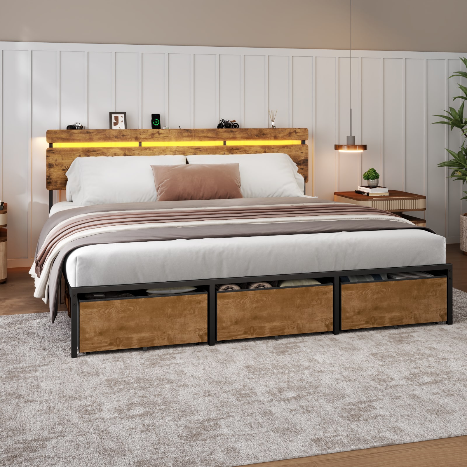 Furnulem - Platform Bed with 2 Drawers and Open Storage Headboard Adjustable LED Light and Charging Station - Brown