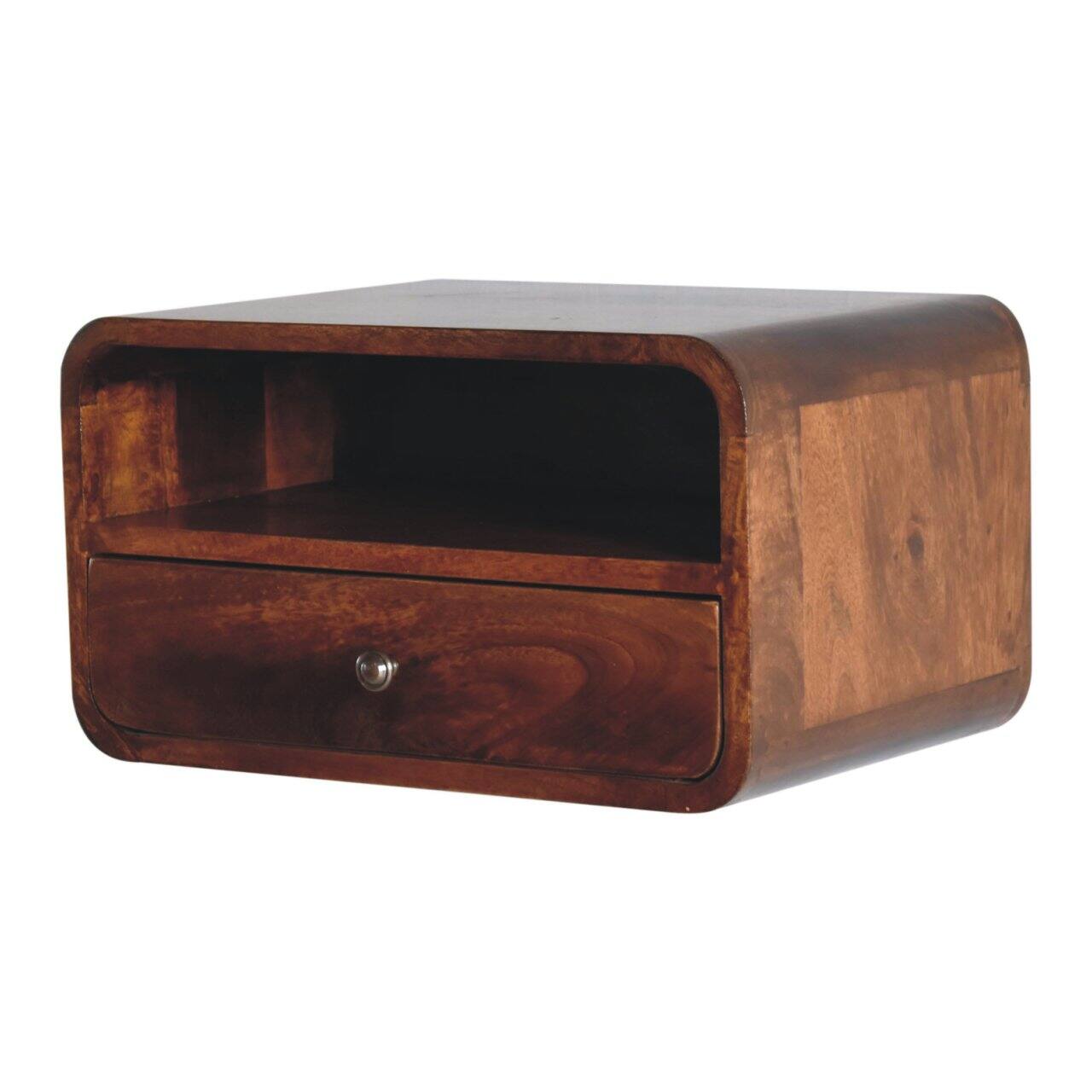 Angle. Artisan Furniture - Artisan Furniture Solid Wood Large Chestnut Curve Floating Bedside, 1 Drawer, 1 Open Slot, Dark Brown - Chestnut.
