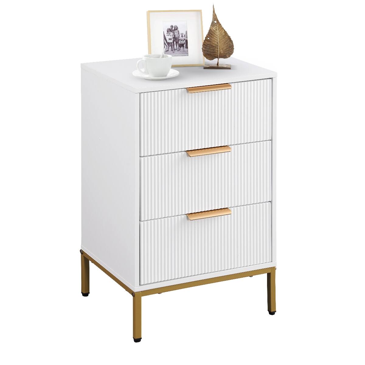 Alt View 4. Loheer - Loheer 3 Drawer Nightstand, White and Gold Mid Century Modern Bedside Table - White and Gold.