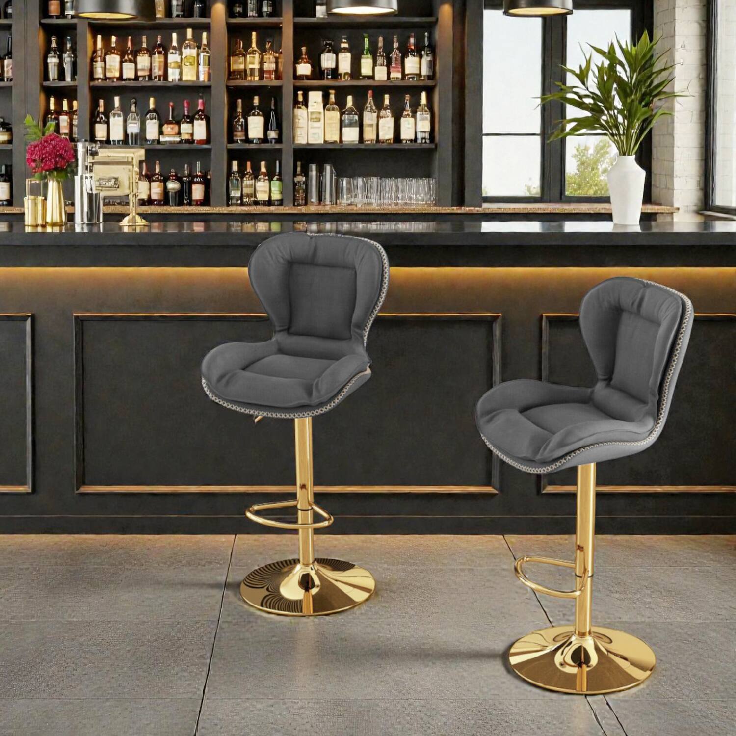 Front. Hivvago - Set of 2 Modern Faux Leather Swivel Bar Chairs with Curved Backrest and Built-In Footrest - Gray.