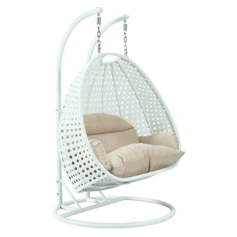 Back. LeisureMod - Leisuremod Modern 2-Person Outdoor Egg Swing White Wicker Chair with Stand, Plush Washable Cushions & Waterproof Cover - Beige.
