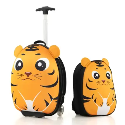Front. Costway - 2PCS Kids Carry On Luggage Set 16'' Tiger Rolling Suitcase with 12'' Backpack Travel Yellow - Yellow+Black.