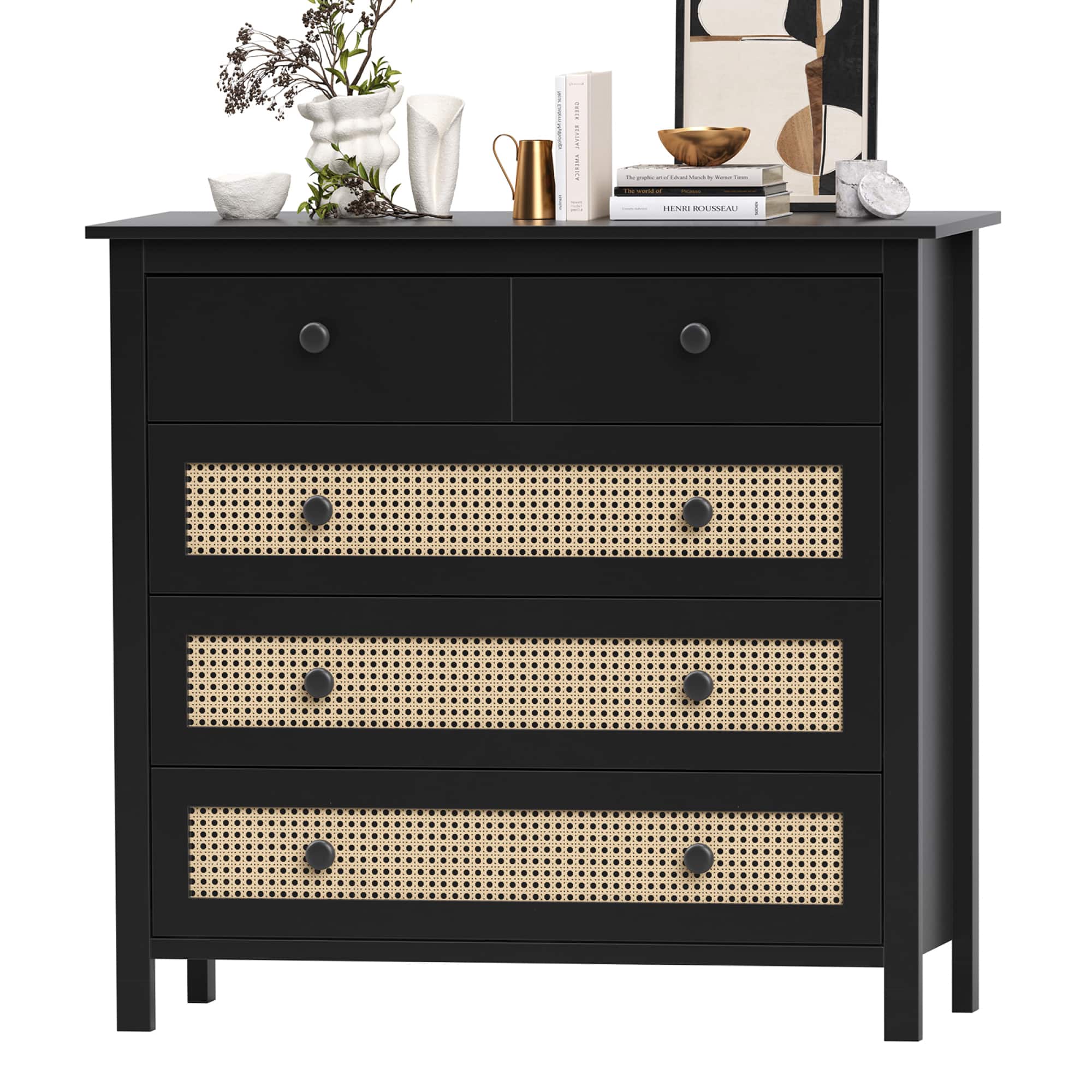 GOODSILO - Modern Sideboard Buffet Cabinet with Drawers and Rattan Accents for Kitchen Living Room Dining Room Hallway - Black