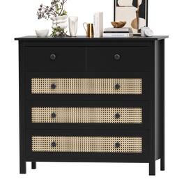 GOODSILO - Modern Sideboard Buffet Cabinet with Drawers and Rattan Accents for Kitchen Living Room Dining Room Hallway - Black