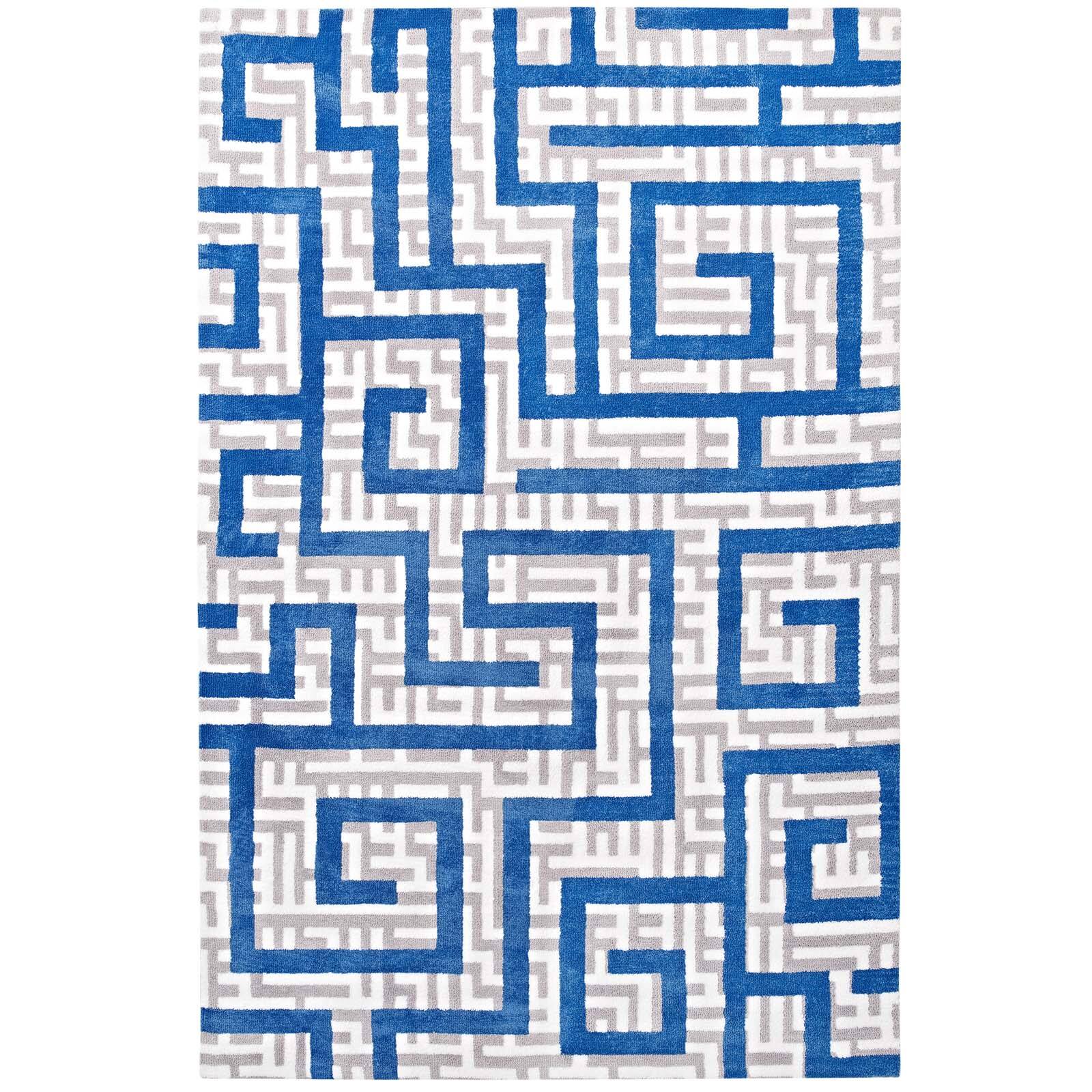 Angle. Modway - Nahia Geometric Maze Area Rug - Ivory Light Gray and Blue.