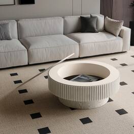 Loheer - 31.5 Inch Modern Round Coffee Table with Storage Solid Wood Veneer Accent Tea Table for Living Room - Retro White