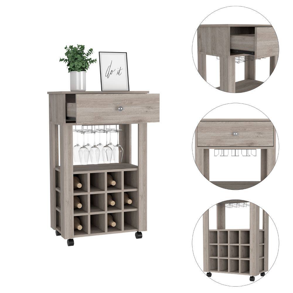 Alt View 4. TuHome - Memphis Bar Cart, Twelve Built-In Wine Rack, Casters, Drawer, Bar Room or Living Room - Light Gray.