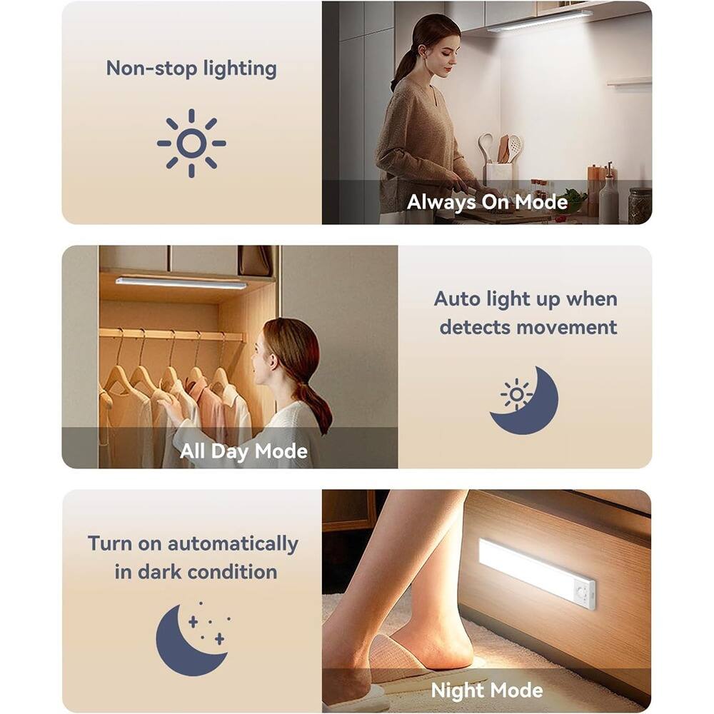 - Non-stop lighting
- Always On Mode
- Auto light up when detects movement
- All Day Mode
- Turn on automatically in dark condition
- Night Mode