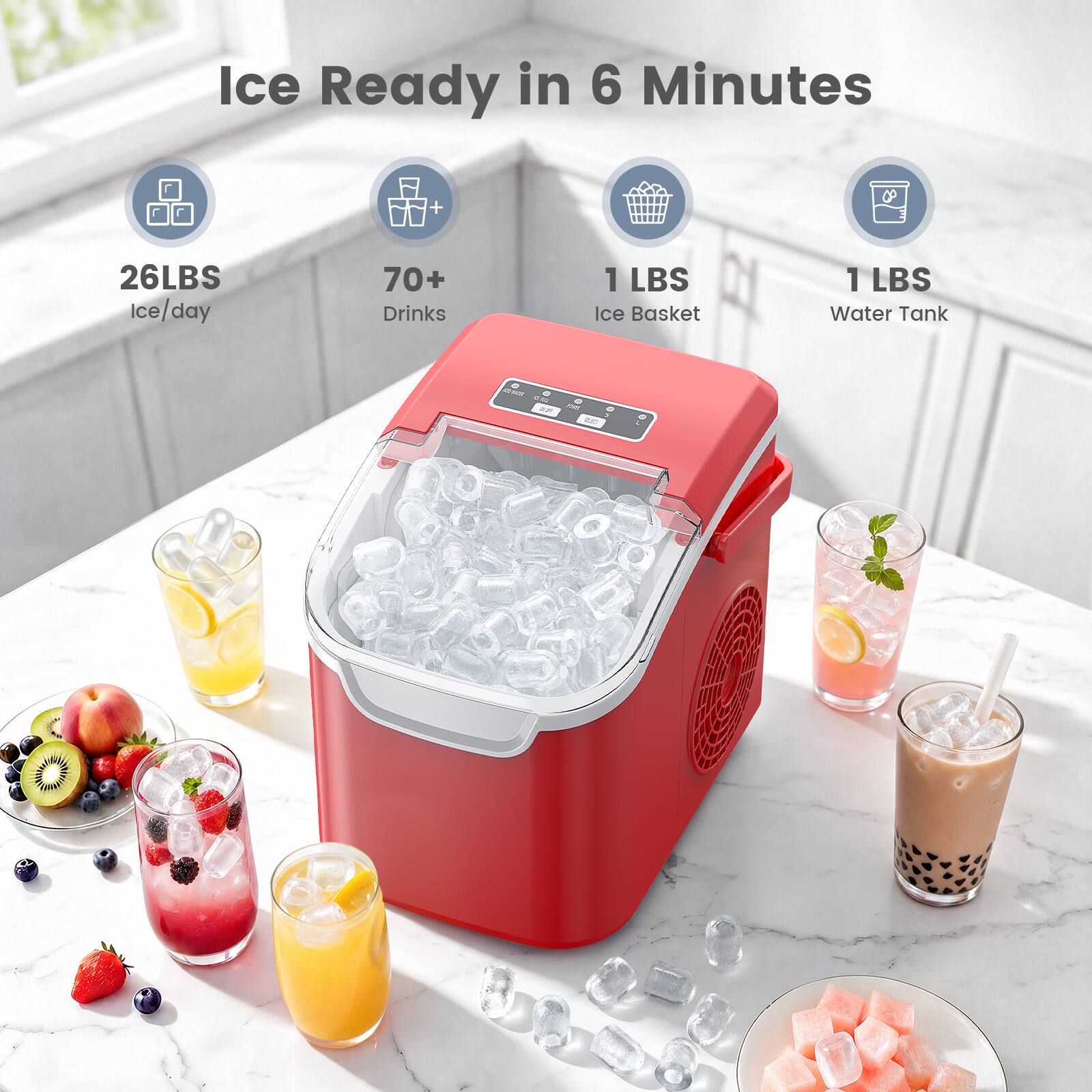 Ice Ready in 6 Minutes

26LBS Ice/day
70+ Drinks
1 LBS Ice Basket
1 LBS Water Tank