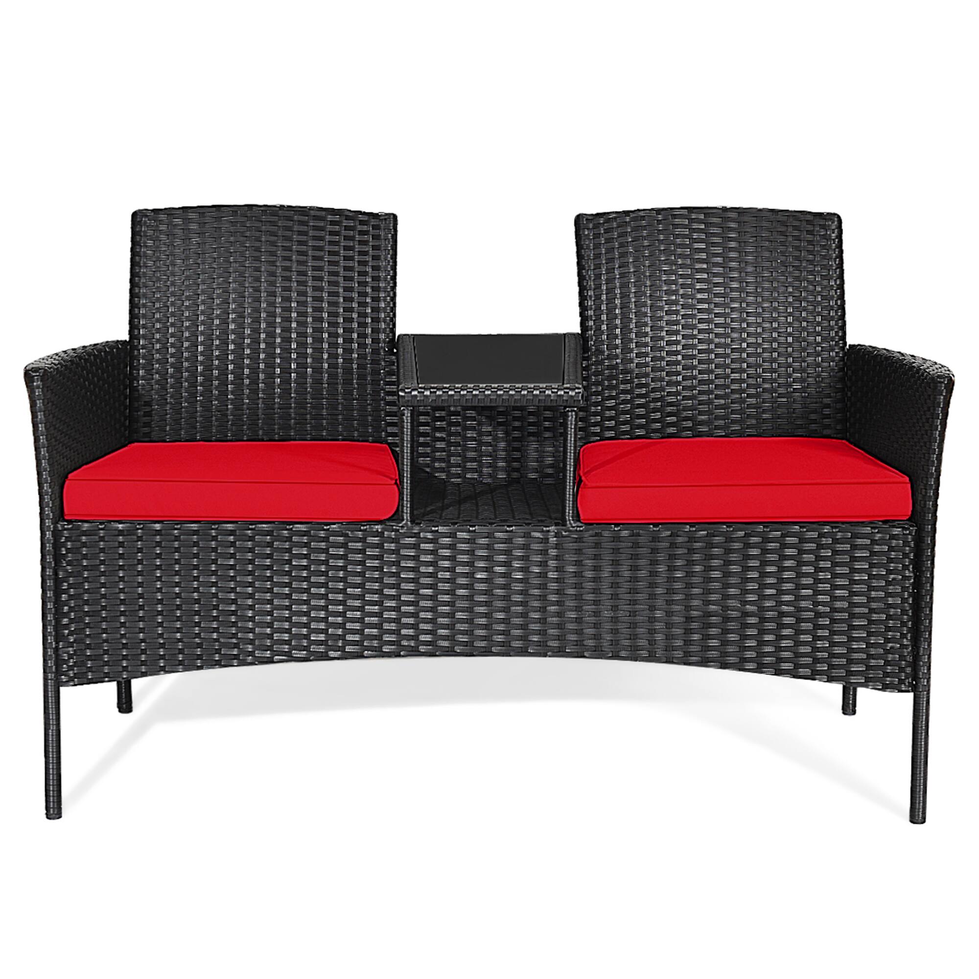 Alt View 1. Gymax - Gymax Rattan Wicker Patio Conversation Set w/ Table Red Cushion - Red.