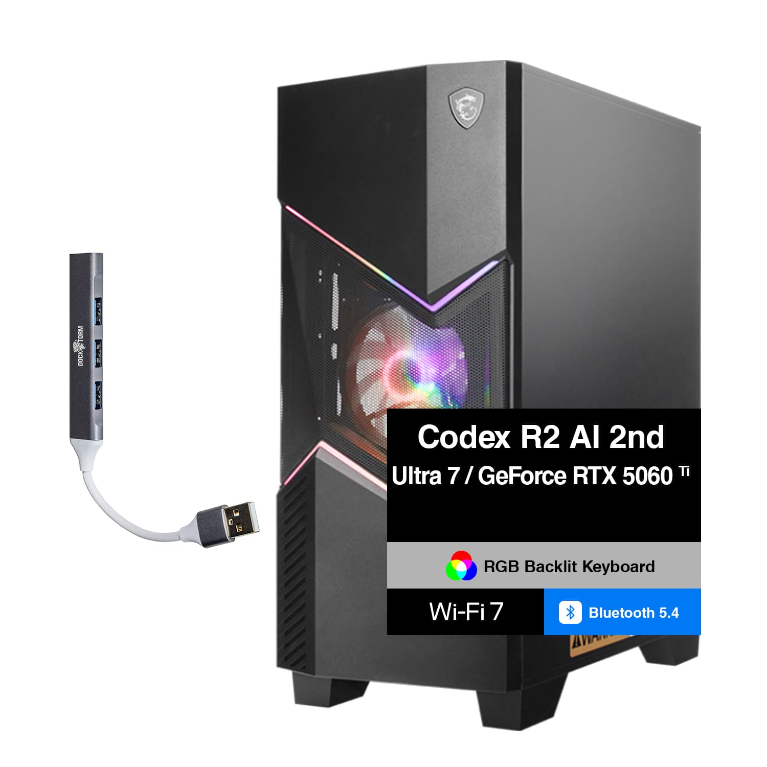 MSI - Codex R2 AI 2nd Desktop PC (Ultra 7-265, 64GB, 4TB SSD, GeForce RTX 5060 Ti, RGB KB, Win 11 Pro) w/USB Hub - Black