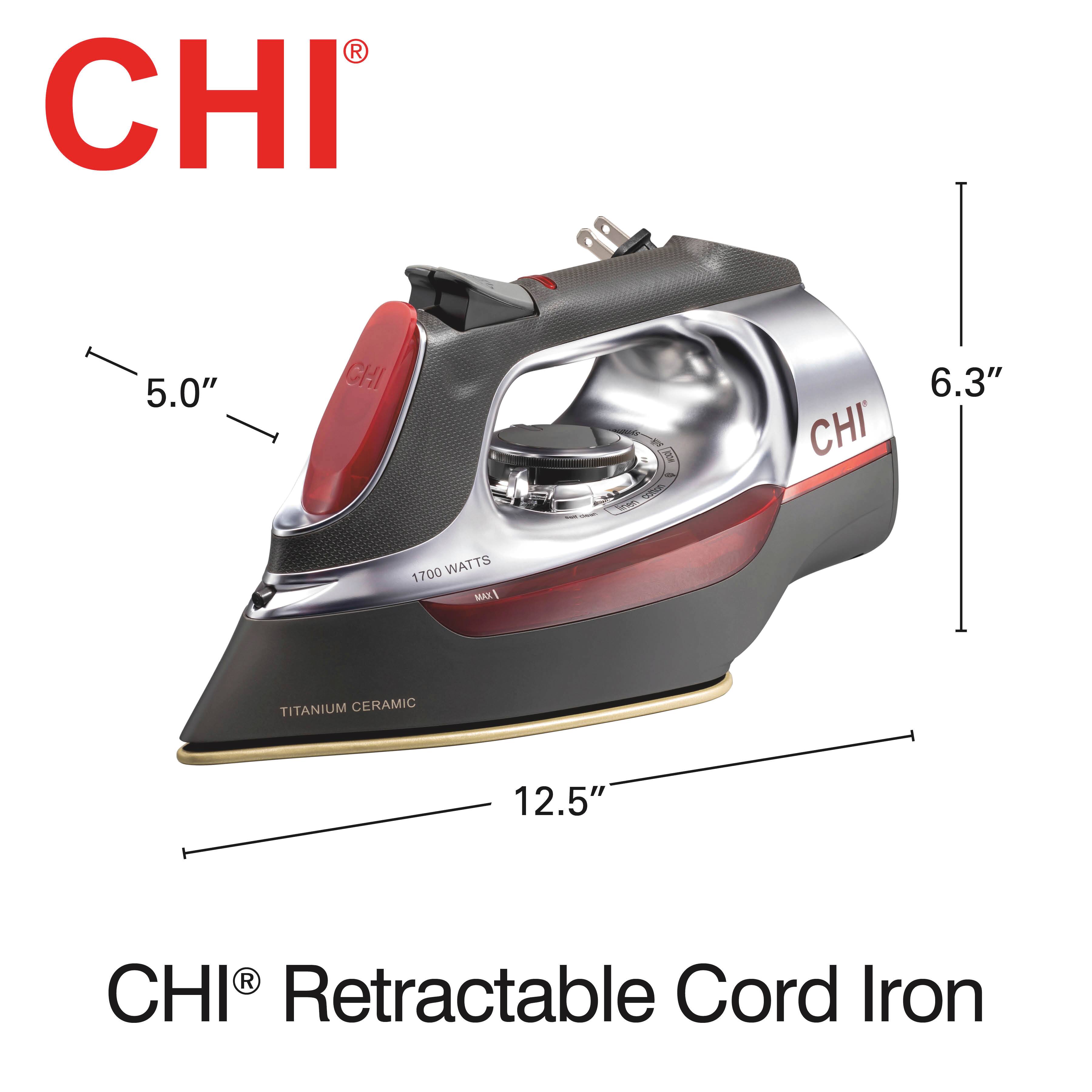 CHI® Retractable Cord Iron

- 5.0" (width)
- 6.3" (height)
- 12.5" (length)
- 1700 WATTS
- TITANIUM CERAMIC