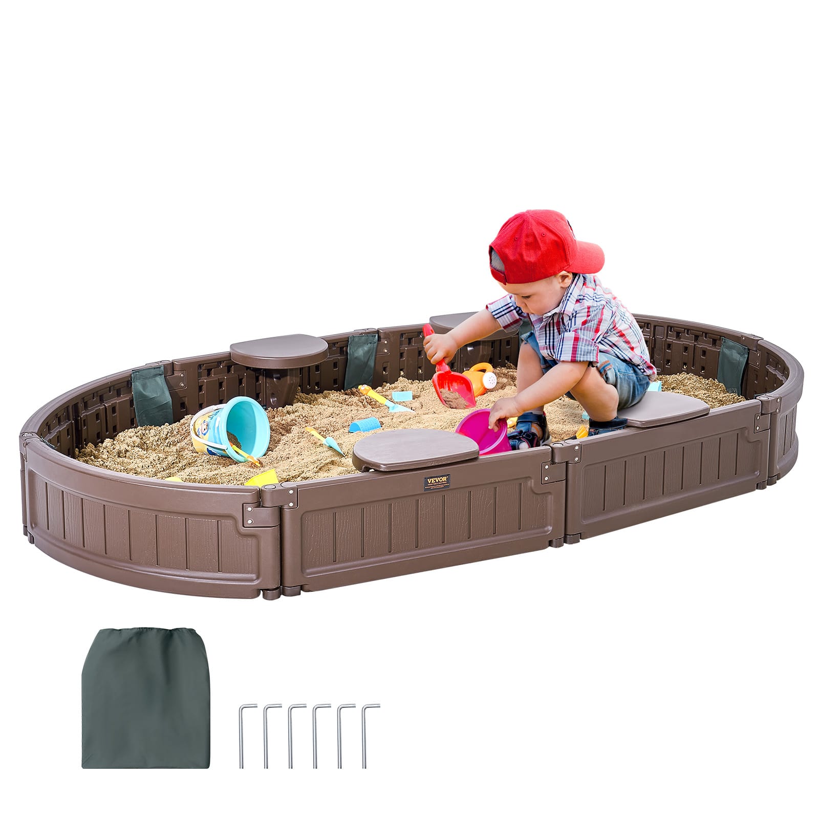 VEVOR - Sandbox with Cover, 72 x 41.5 x 9.1 in Oval Sand Box, HDPE Sand Pit with 4 Corner Seating and Bottom Liner, Kids Sandbox - Brown