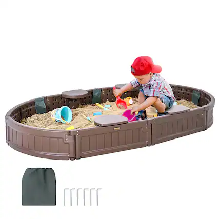 Front. VEVOR - Sandbox with Cover, 72 x 41.5 x 9.1 in Oval Sand Box, HDPE Sand Pit with 4 Corner Seating and Bottom Liner, Kids Sandbox - Brown.