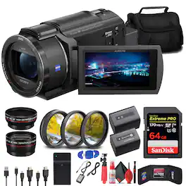 Sony - FDR-AX43 UHD 4K Handycam Camcorder + 64GB Memory Card + NP-FV70 Battery + More (International Version) - Black
