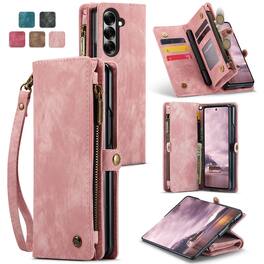 Dteck - Magnetic Detachable Wallet Case for Samsung Galaxy Z Fold7 ,Multi-Functional Large Zipper Card Slots Cover With Strap - Pink