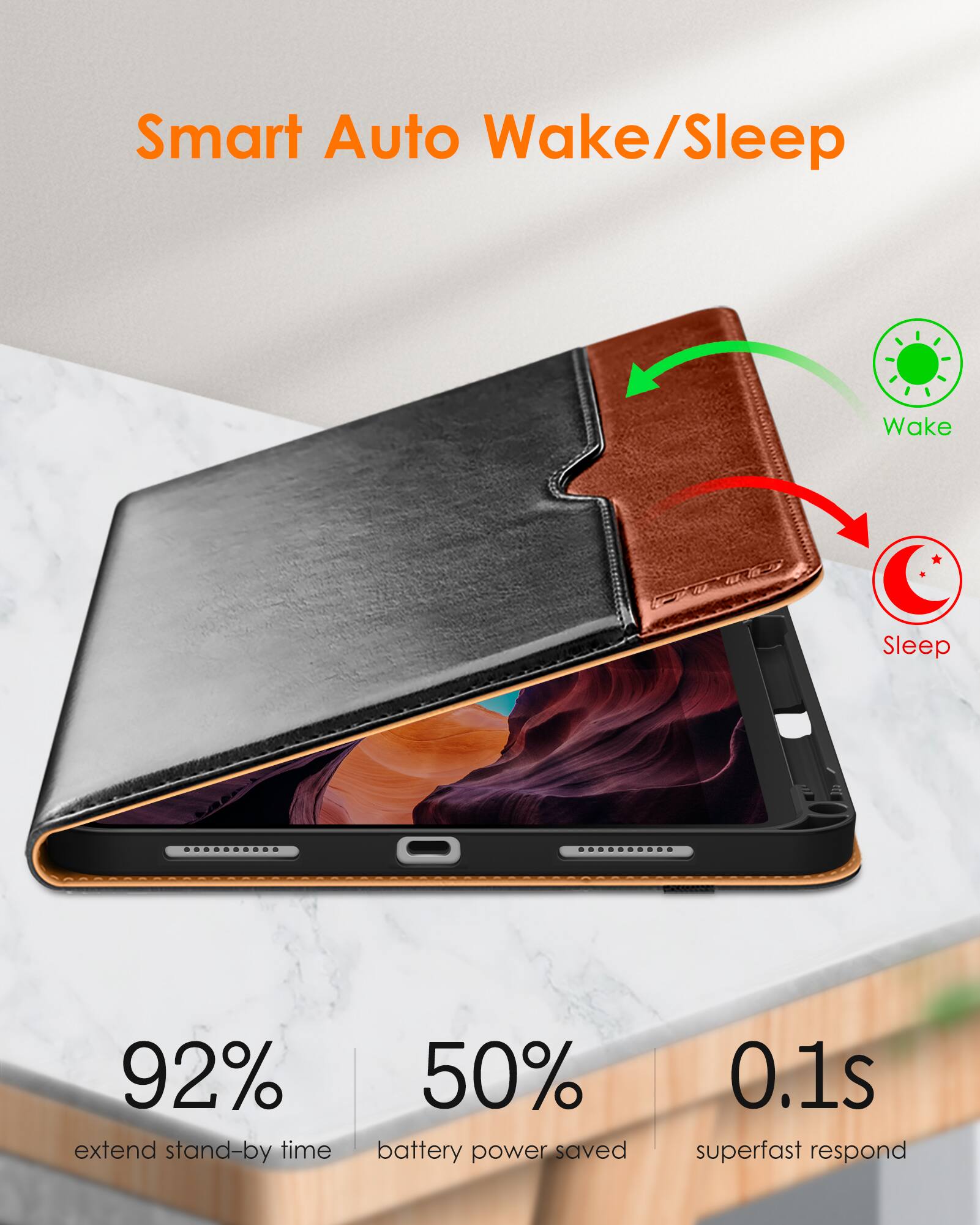 Smart Auto Wake/Sleep

- 92% extend stand-by time
- 50% battery power saved
- 0.1s superfast respond

Wake
Sleep