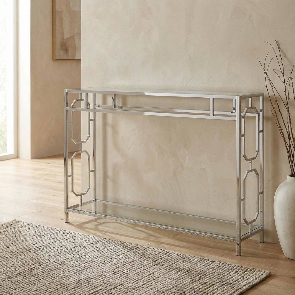Back. FurniFact - Modern Chrome Console Table with Sleek Finish and Elegant Design - Clear Glass.