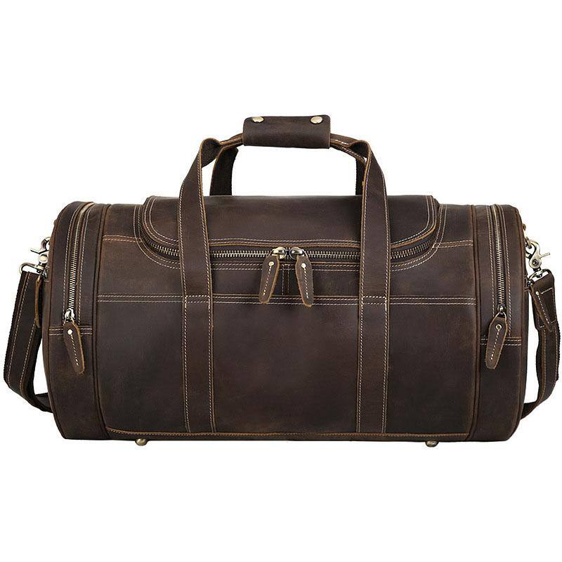Angle. Steel Horse Leather - The Wainwright Weekender | Round Vintage Leather Weekender - Dark Brown.