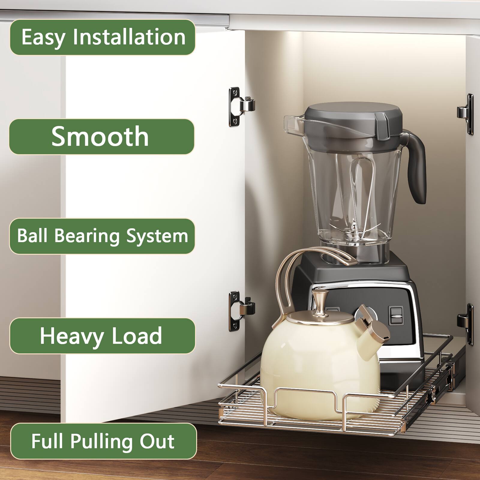 Easy Installation, Smooth, Ball Bearing System, Heavy Load, Full Pulling Out