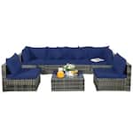 Costway - 7PCS Patio Rattan Furniture Set Sectional Sofa Garden Cushion - Navy