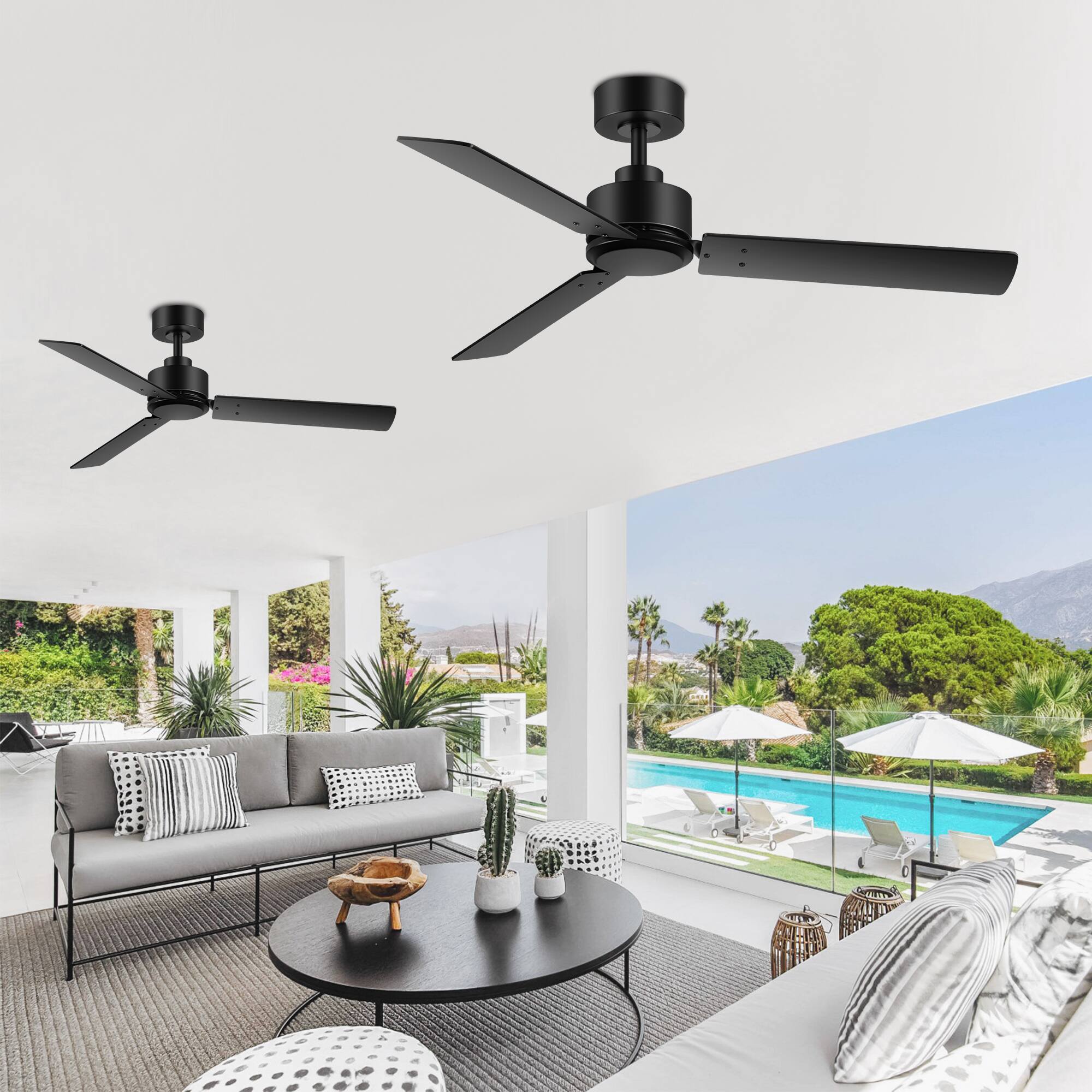 Alt View 2. Breezary - 48-Inch Indoor Ceiling Fan with 3 Plywood Blades, DC Motor, 6-Speed Remote, 5'' Downrod,  Light/No Light, 1 or 2-Pack - Black-2 Pack (Without Light).
