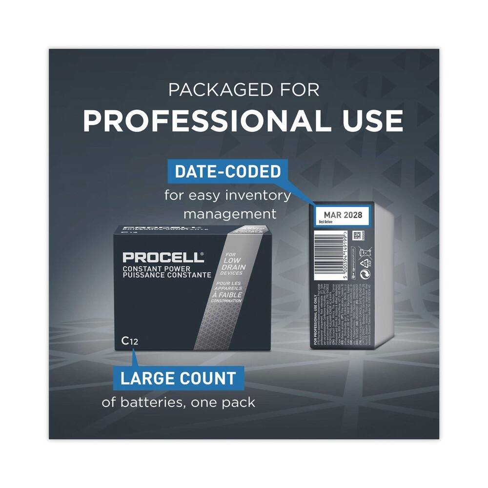 PACKAGED FOR PROFESSIONAL USE

DATE-CODED for easy inventory management

PROCELL® CONSTANT POWER PUISSANCE CONSTANTE

FOR LOW CONSTANT POWER DRAIN DEVICES POUR LES APPAREILS À FAIBLE CONSOMMATION

C12

LARGE COUNT of batteries, one pack

MAR 2028