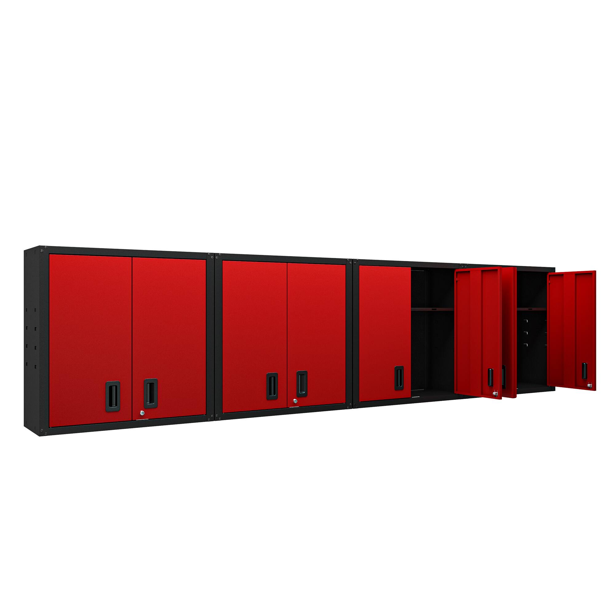 Angle. TinyHomie - Set of 4 Wall Mounted Lockable Metal Storage Cabinet with Two Doors and One Shelf for Garage Utility Room in Red - Red+Black.