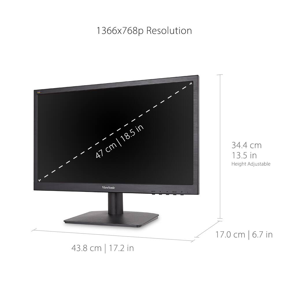 1366x768p Resolution

- 47 cm | 18.5 in
- 43.8 cm | 17.2 in
- 17.0 cm | 6.7 in
- 34.4 cm | 13.5 in (Height Adjustable)