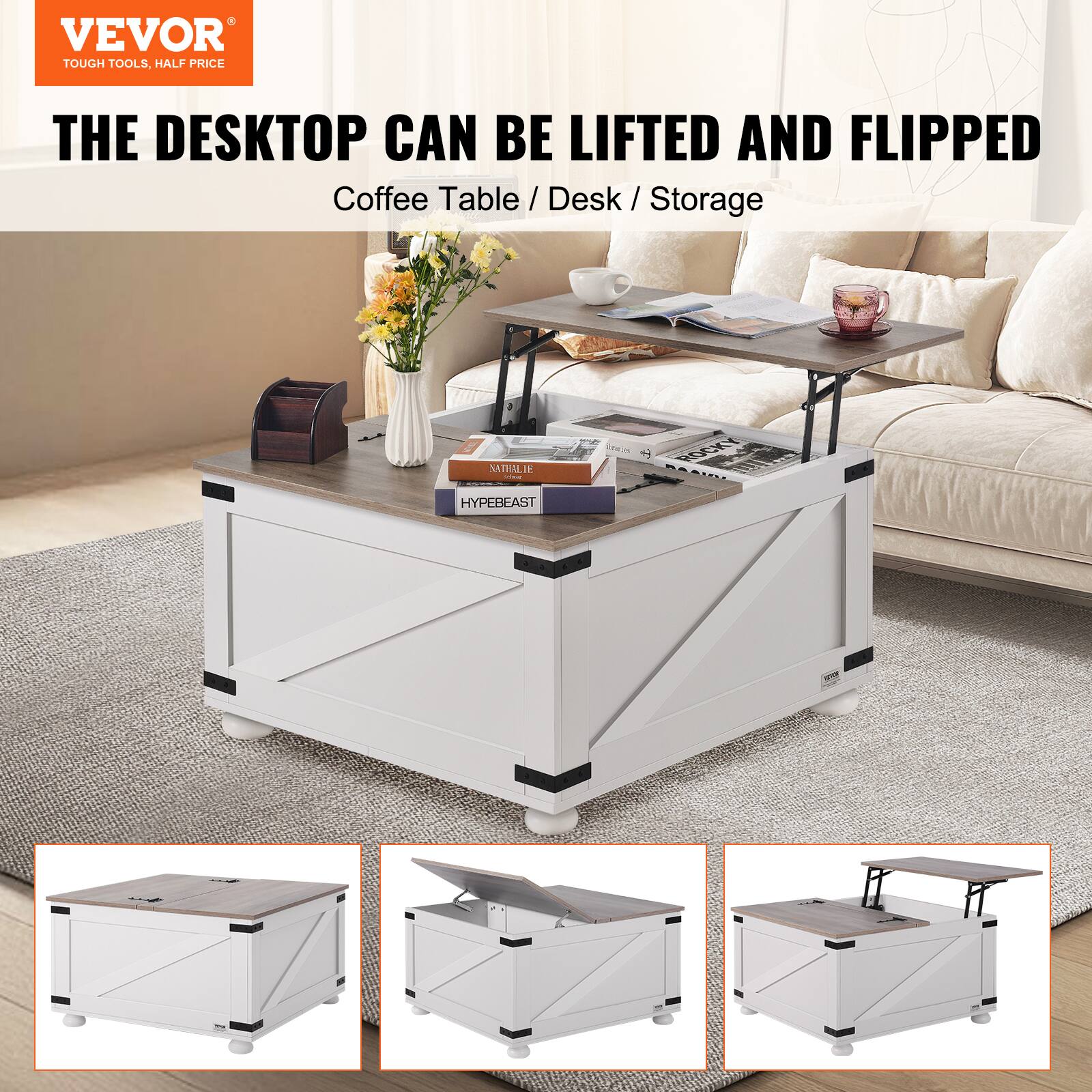 VEVOR  
TOUGH TOOLS, HALF PRICE  

THE DESKTOP CAN BE LIFTED AND FLIPPED  
Coffee Table / Desk / Storage  

NATALIE  
HYPEBEAST