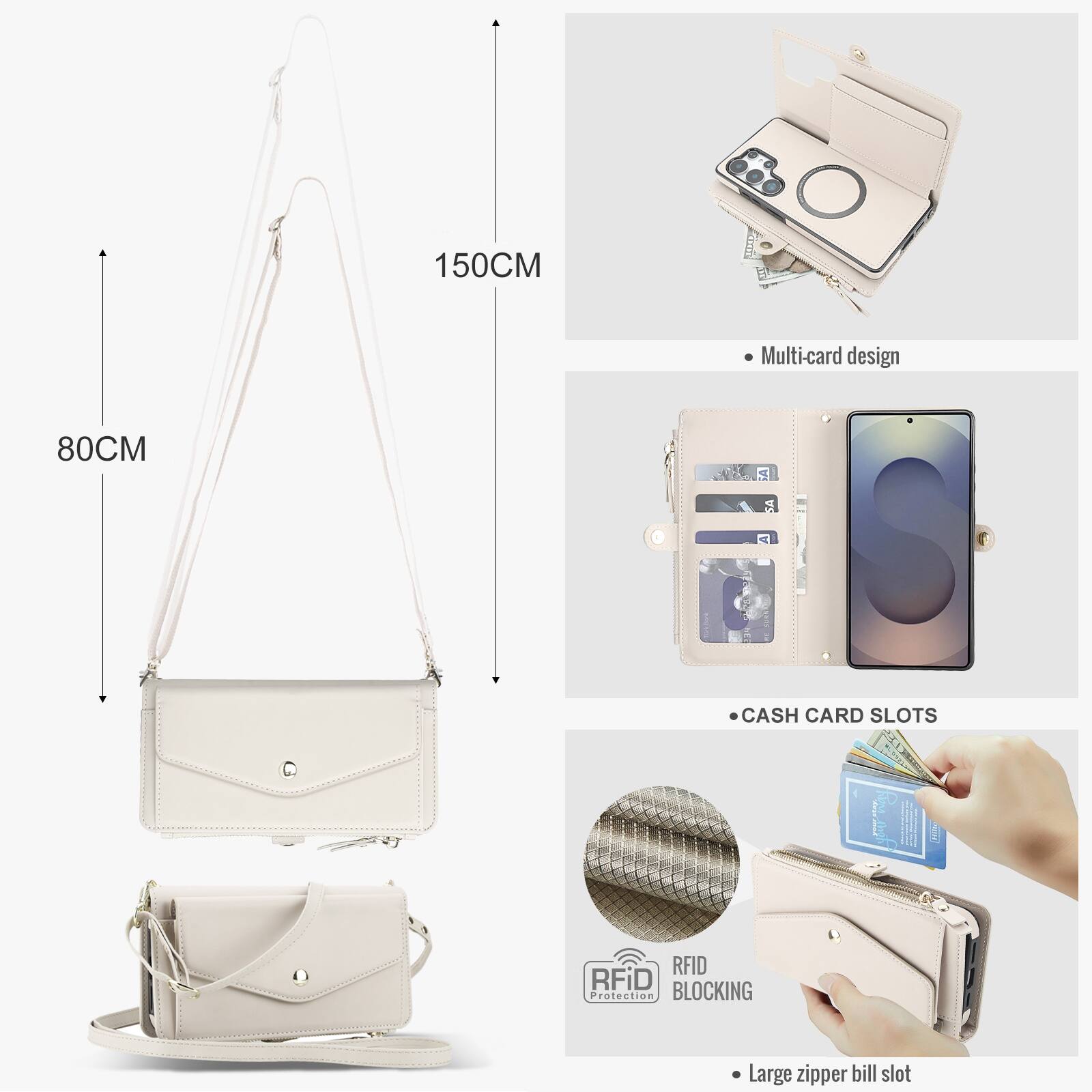 150CM NI Multi-card design  
80CM S SA A CASH CARD SLOTS RFID RFiD Protection BLOCKING Large zipper bill slot