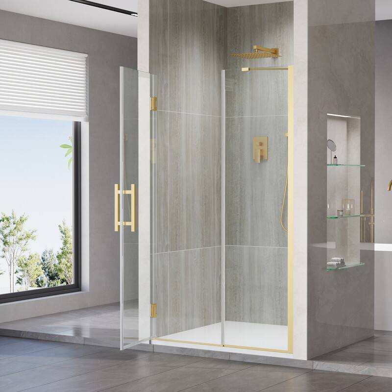 Left. WELLFOR - 42–43 in. W x 72 in. H Frameless Hinged Shower Door with 3/8" Clear Tempered Glass, Reversible Opening - Brushed Gold.