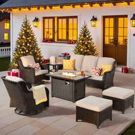 Ovios - 7 PCS Patio Furniture with 42" Fire Pit Table, Wicker Swivel Chairs, Ottoman & Side Table - Beige(Brown Wicker)
