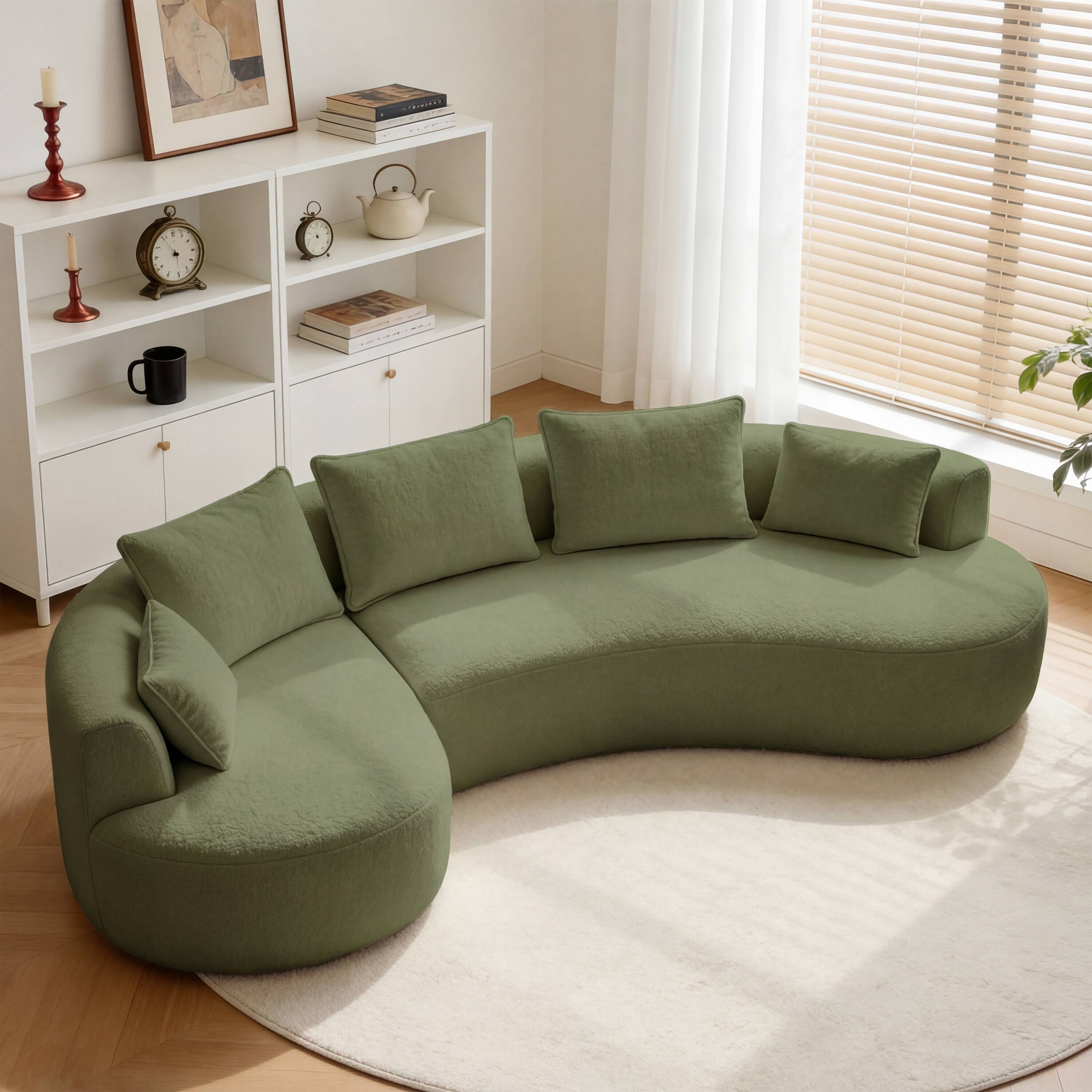 Left. Dyonery - 122" Modern Curved Sectional Sofa with Chaise, Boneless Couch with 5 Throw Pillows for Living Room - Green.