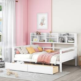 Aukfa - Twin size Daybed, Wood Slat Support, with Bedside Shelves and Two Drawers - White